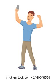 Selfie concept with young man standing and make a self portrait with mobile phone camera in flat style.