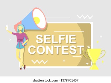 Selfie Contest Announcement In Photo Frame, Megaphone, Award Cup And Young Girl Taking Selfie With Mobile Phone. Vector Flat Style Design Illustration. Social Media Marketing Concept Poster, Banner.