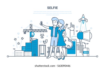 Selfie couple concept. Young couple doing a variety of fun photos in different conditions. Illustration thin line design of vector doodles, infographics elements.