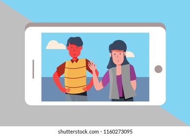 selfie couple in smartphone. flat design people