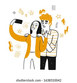 Selfie of couple smiling having fun together. Vector Illustration, Hand drawing line art doodle style isolated on white background