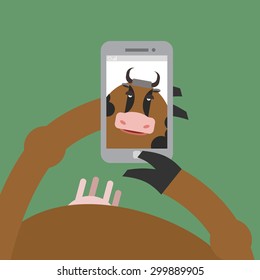 Selfie cow. Animal is photographed on phone. Smartphone in hoof. Vector illustration of farm animals