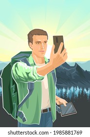Selfie. Cute boy tourist with smartphone and tablet. Backpack. Against the background of landscape. Mountains and taiga, coniferous forest. A man on a journey. Flat style. Travel. Illustration vector