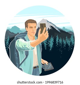 Selfie. Cute boy tourist with smartphone and tablet. Backpack. Against the background of the landscape. Snowy mountain peak, taiga, forest. A man on a journey. Flat style. Travel. Illustration vector