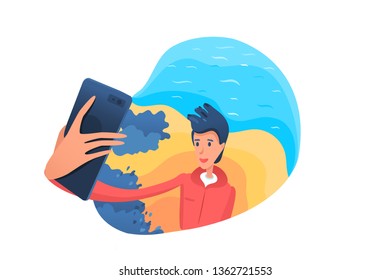Selfie from cute boy vector illustration. Stylish young man summer vacation, holiday. Sea resort. Student travelling with smartphone. Sharing photos, stories in social media isolated design element