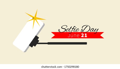 Selfie day design background. Simple vector illustration. Trendy flat poster with phone and selfie stick. 