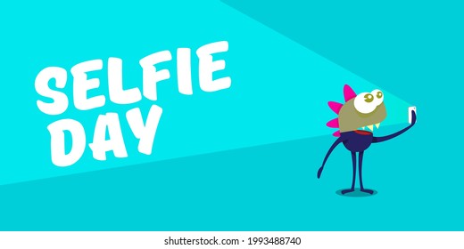 Selfie day horizontal banner with cartoon funny monster taking a selfie isolated on blue background. Selfi day cartoon comic concept poster design tempate