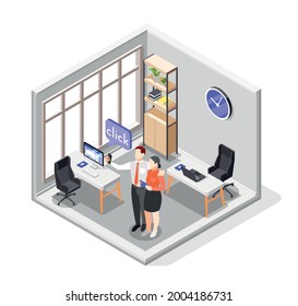 Selfie Day isometric colored composition two colleagues taking pictures in the office on their smartphone vector illustration