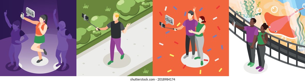 Selfie day isometric composition set girl taking pictures of herself in club on the dance floor young man walking through a park and two couples taking pictures of themselves vector illustration