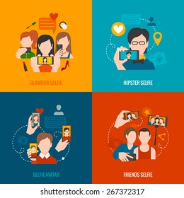 Selfie Design Concept Set With Glamour Hipster Friend Avatar Flat Icons Isolated Vector Illustration