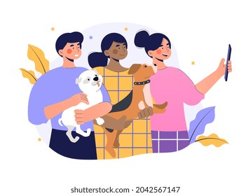 Selfie con concepto de perro. Los amigos toman fotos con sus mascotas. Personajes felices cuidan de sus cachorros. Contenido para las redes sociales. Dibujo vectorial plano de dibujos animados aislado en fondo blanco