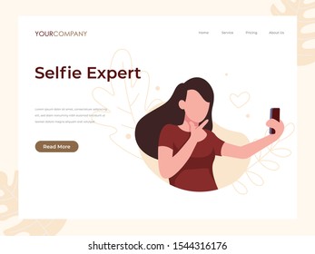 Selfie Expert, woman take selfie flat vector illustration concept,can be used for landing page, ui, web, app intro card, editorial, flyer, and banner.