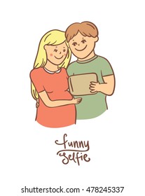 Selfie family portrait vector illustration. Vector selfie people set. Family portraita