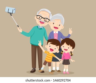 selfie family.grandparents.Elderly couple making selfie Photo,happy grandparents and parents with kids making selfie