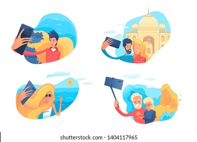 Selfie fans vector illustrations set. Tourists sharing travel impressions. Cartoon couples, girl, boy taking photo. Posting picture, stories in social media. Travel agency banner design element
