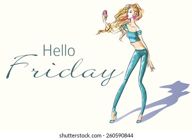 Selfie Fashion girl hand drawn illustration Background with mode