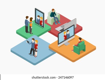 Selfie flat 3d web isometric infographic concept vector. Couple making self photo shot by smart phone for social media network post. Creative people collection.