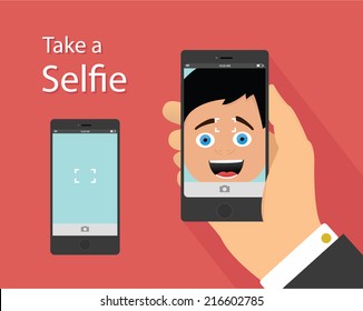 Selfie flat design concept of photographing yourself on smartphone / Selfie flat design concept