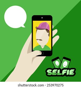 Selfie flat design illustration with hand and mobile phone. 