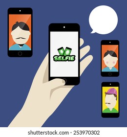 Selfie flat design illustration with hand and mobile phone. 