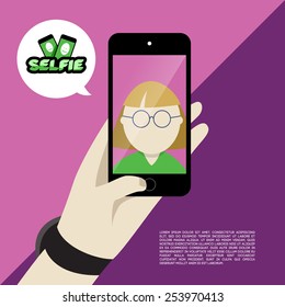 Selfie flat design illustration with hand and mobile phone. 