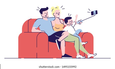 Selfie Flat Vector Illustration. Family Taking Selfie Stick Picture Together On Couch. Capturing Bright Moment. Parents And Kid Making Self Portrait Isolated Cartoon Character On White Background