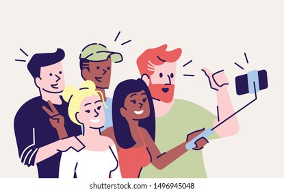 Selfie flat vector illustration. Happy people making selfie stick picture together. Capturing bright moment. Group of friends taking self photo with phone isolated cartoon character on grey background