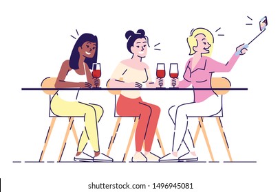 Selfie flat vector illustration. Three smiling women at table with wine glasses taking self photo on smartphone camera. Friends meeting. Hen-party isolated cartoon character on white background