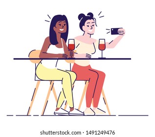 Selfie flat vector illustration. Two smiling women at table with wine glasses taking self photo on smartphone camera. Friends meeting isolated cartoon character on white background