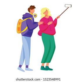 Selfie flat vector illustration. Two young friends capturing fun moments of life. Teenagers lifestyle. Boy and girl taking phone self photo with monopod isolated cartoon character on white background
