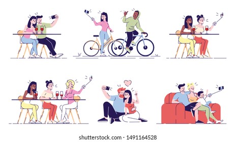 Selfie flat vector illustrations set. People taking self photo with friends, family, on dating, sport training. Capturing bright moment with phone camera isolated cartoon characters