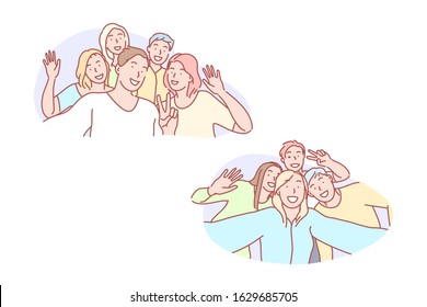 Selfie, friend, together, joy, photo, set. Young mates gathering for selfie together. Happy joyful friends photographing for group picture. Teen team making video for social media simple flat vector.
