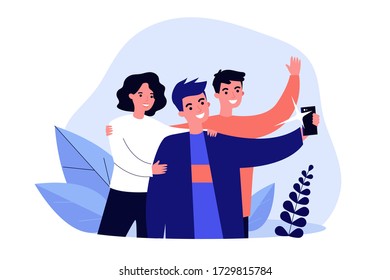 Selfie with friends flat vector illustration. Cartoon happy people smiling and taking group portrait photo. Friendship and technology concept
