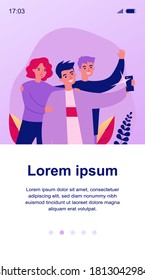 Selfie with friends flat vector illustration. Cartoon happy people smiling and taking group portrait photo. Friendship and technology concept