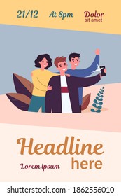 Selfie with friends flat vector illustration. Cartoon happy people smiling and taking group portrait photo. Friendship and technology concept