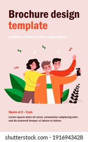 Selfie with friends flat vector illustration. Cartoon happy people smiling and taking group portrait photo. Friendship and technology concept