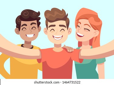 Selfie with friends. Friendly smiling teenagers taking group photo portrait. Happy people vector cartoon characters with fun laughing guy smile