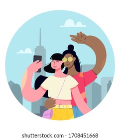 Selfie friends. Girls take a selfie against the background of skyscrapers in New York. Creative vector illustration of characters.