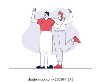Selfie with friends happily, outline style, friendship vector illustration.