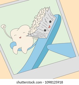 Selfie with fruit and teeth. Vector illustration for children dentistry and orthodontics. Cute teeth characters.