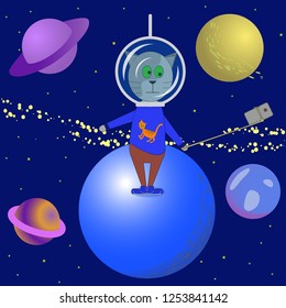 Selfie. Funny cartoon cat makes a selfie in space. Vector illustration