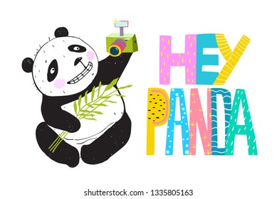 Selfie Funny Panda Smiling. Hey Panda Selfie camera cartoon and lettering design.