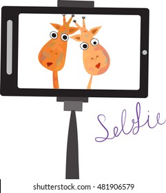 selfie funny portrait of two giraffes on the phone. EPS 10