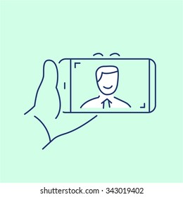 selfie gesture on smartphone or camera with one hand vector linear icon and infographic | illustration of gear and equipment for professional photographers and amateurs isolated on green background