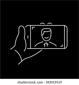 selfie gesture on smartphone or camera with one hand vector linear icon and infographic | illustration of gear and equipment for professional photographers and amateurs white on black background