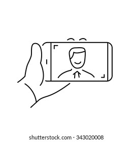 selfie gesture on smartphone or camera with one hand vector linear icon and infographic | illustration of gear and equipment for professional photographers and amateurs black on white background