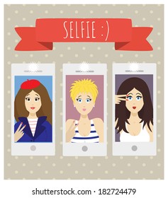 Selfie. The girl making a photography of herself with a mobile phone. Photography tendencies and trends. The screen of mobile phone with a cute smiling girl's face.