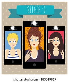 Selfie. The girl making a photography of herself with a mobile phone. Photography tendencies and trends. The screen of mobile phone with a cute smiling girl's face.