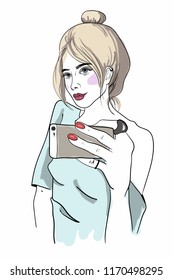 Selfie with the girl. Vector illustration. Bright linear pattern. Beige background. Blonde.