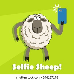 Selfie Goofy Sheep Holding Smartphone And Taking Self Portrait With Bright Flash. Template For Your Design.